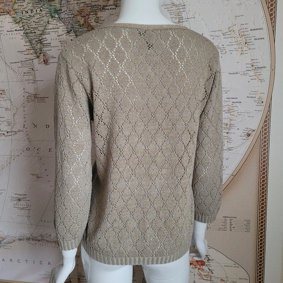 Jason Maxwell tan loose weave v-neck cardigan tie front metallic boho grandma M - Picture 11 of 11